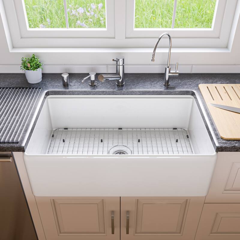 ALFI Brand White Smooth Apron Workstation 33" x 20" Single Bowl Step Rim Fireclay Farm Sink with Accessories