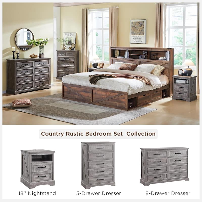 Farmhouse Nightstand with Charging Station, End Table with 2 Drawers