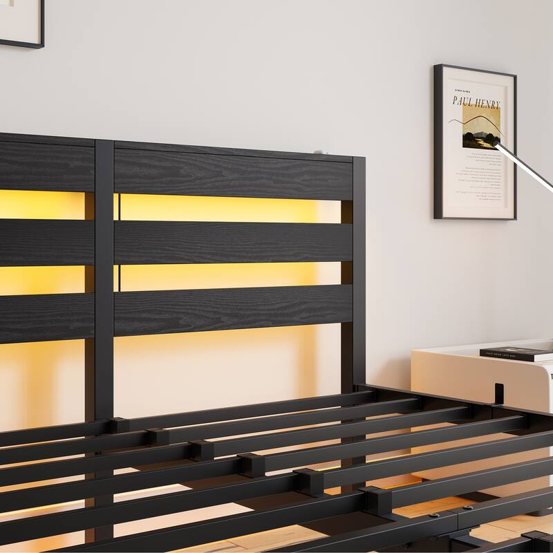 Queen Size Metal Bed Frame Metal Platform Bed with Wooden Headboard, RGB Lights, Charger and Shelf