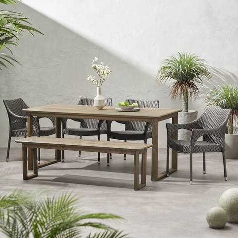 Aggie Outdoor Acacia Wood and Wicker Outdoor 6 Piece Dining Set with Bench by Christopher Knight Home