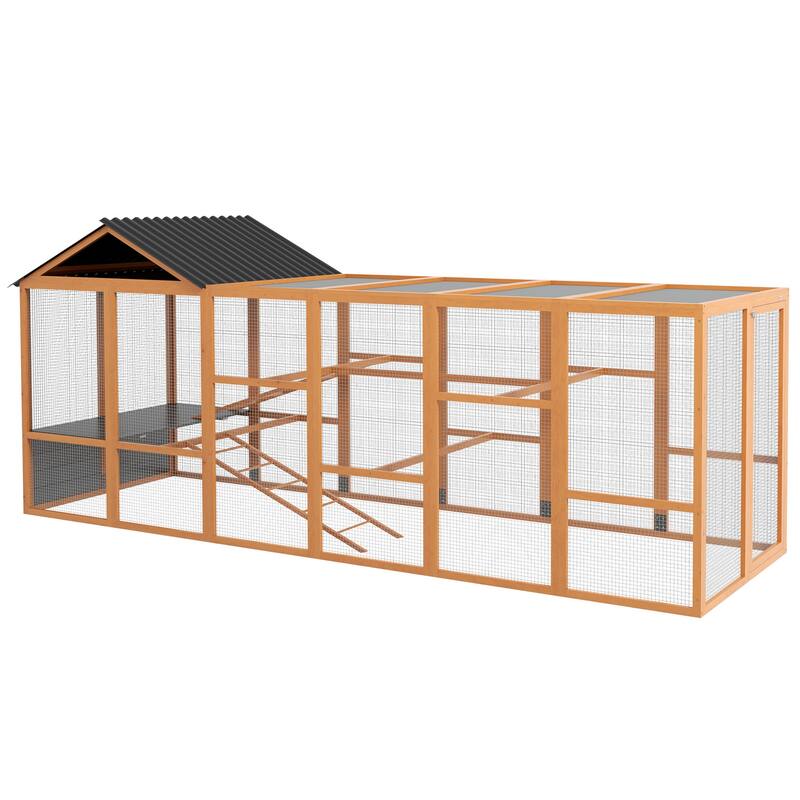 PawHut Wooden Chicken Coop Run for 6 - 10 Chickens, Hen House Add-On with Storage, Perches, 141.75" x 48" x 61" - Orange