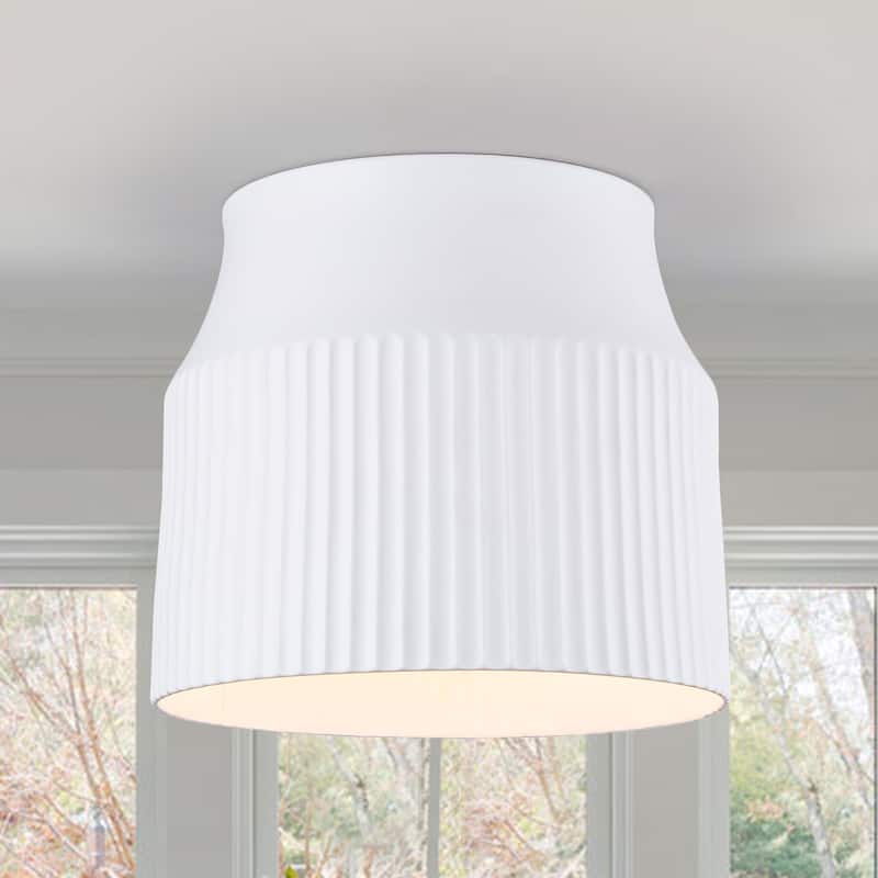 1-Light Matte White Flush Mount Ceiling Light with Ceramic Drum Shade - Dia.9.45-in - Dia.9.45-in