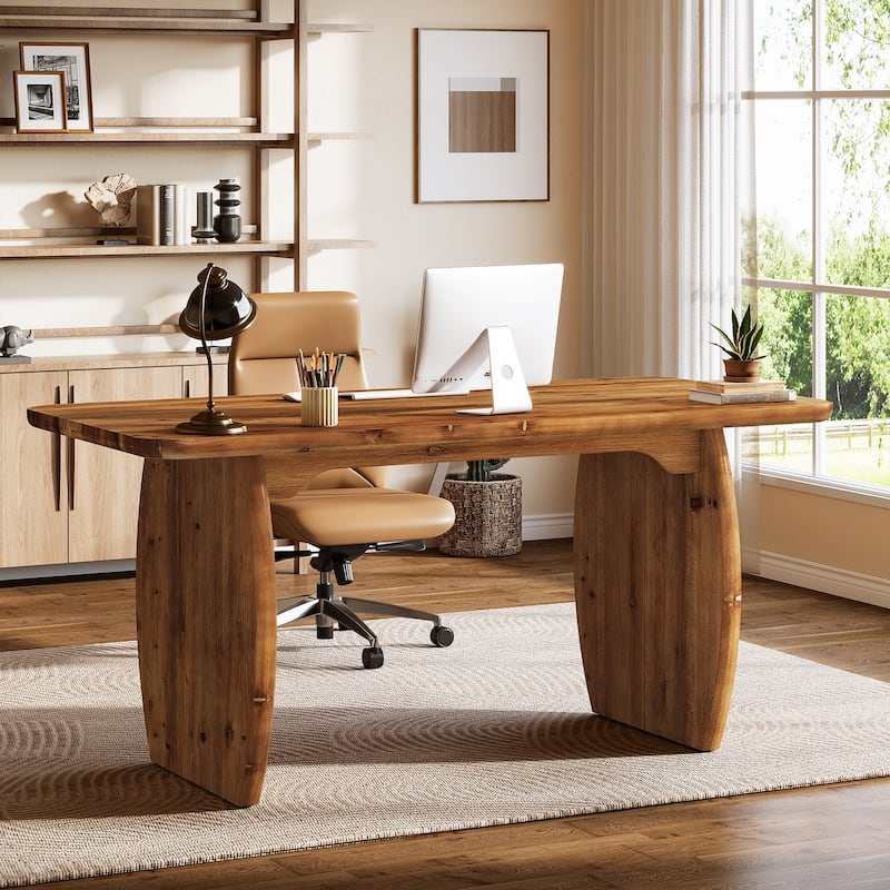 63'' Solid Wood Executive Desk, Large Office Computer Desk with Sturdy Wood Legs