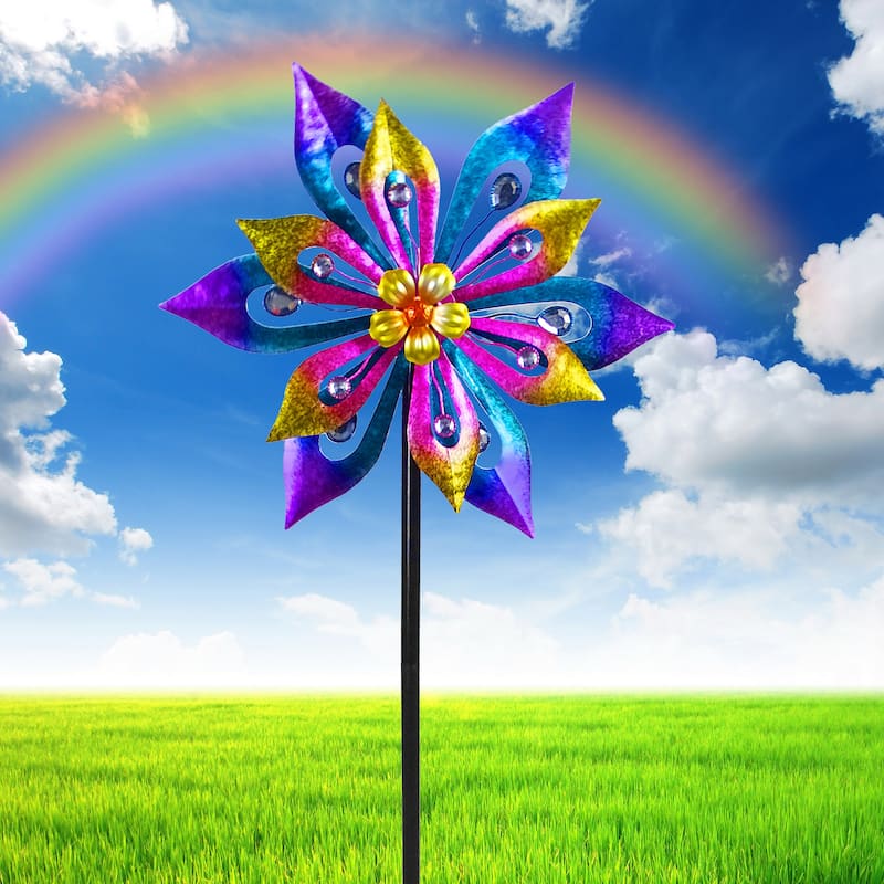 Multi-Colored Metal Layered Floral Wind Spinner Garden Stake
