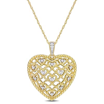 Miadora 10k Yellow Gold 1/10ct TDW Diamond Lace Heart Necklace
