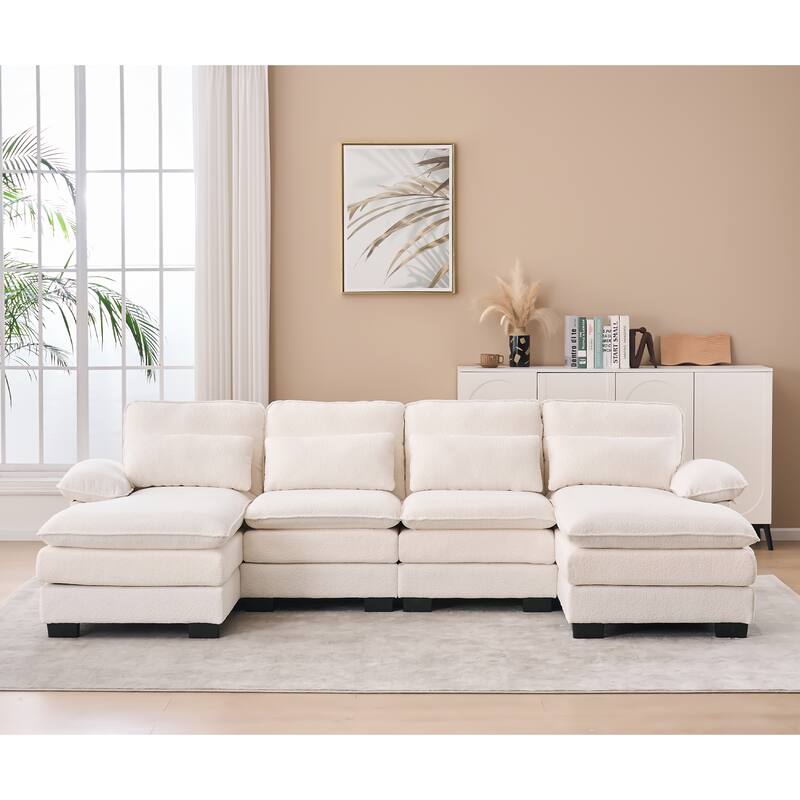 U Shape Cloud Couch 111.8",4-seat Velvet Fabric Upholstered Sofas with Chaise Lounge & Pillows