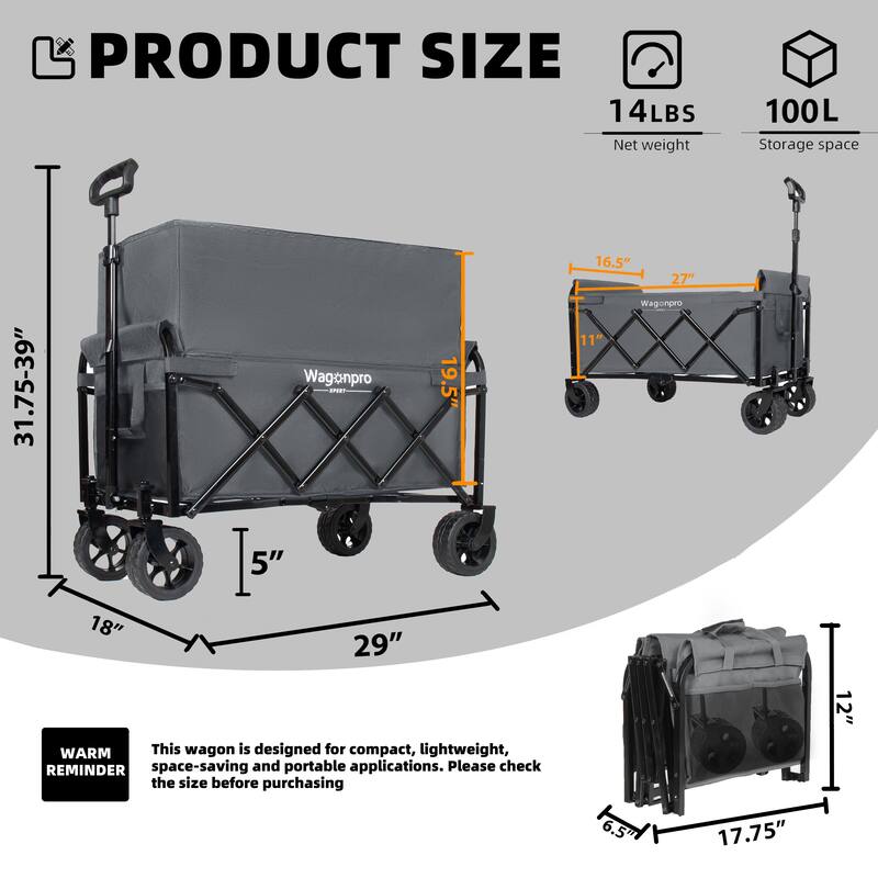 Upgraded 5*2"Wide Wheels-Expandable Dual-Layer Utility Wagon with 100% Extra Space, 220lbs Capacity Grocery Cart for Camping