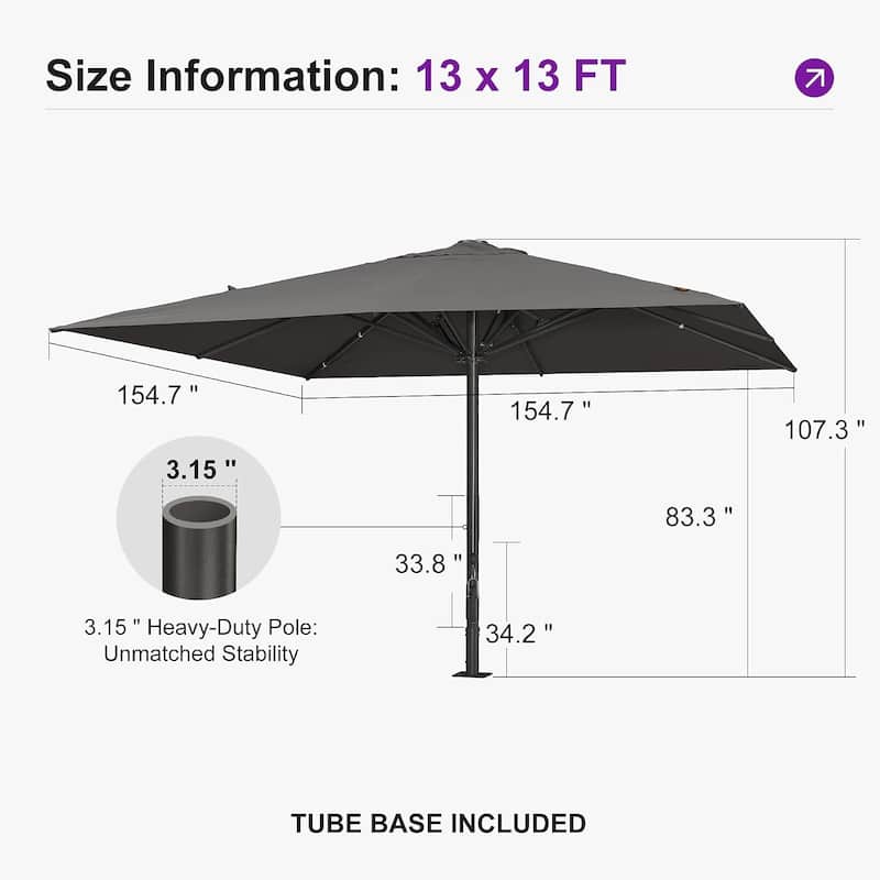 aluminum tube dimensions for patio umbrella PURPLE LEAF Square Semi-Auto Outdoor Patio Umbrella Aluminium Market  Umbrella Table Sun Umbrella - Overstock