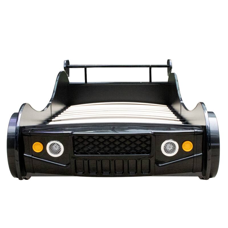 Twin Size Race Car Bed with LED Lights and Guardrail Solid MDF Frame