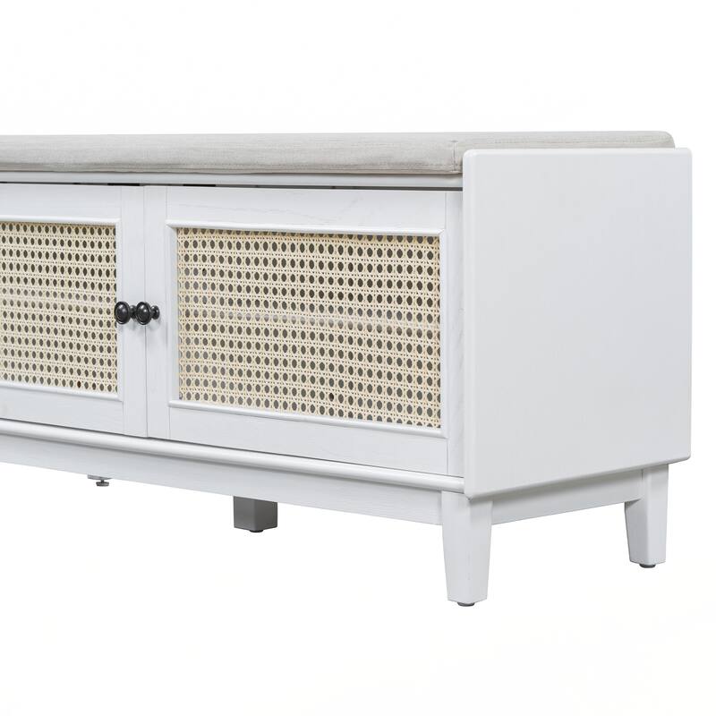 Rattan Entryway Bench with Storage, Cushioned Shoe Bench with Double Doors