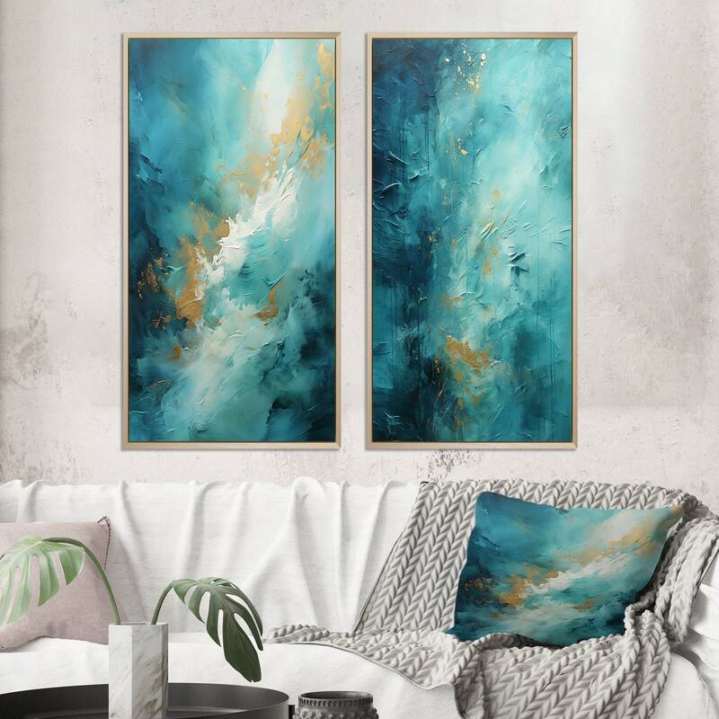 Designart "Turquoise Tranquility" Abstract Landscapes Framed Wall Art Set Of 2 - Green Gallery Set For Office Decor - 32 in. wide x 32 in. high - Brown