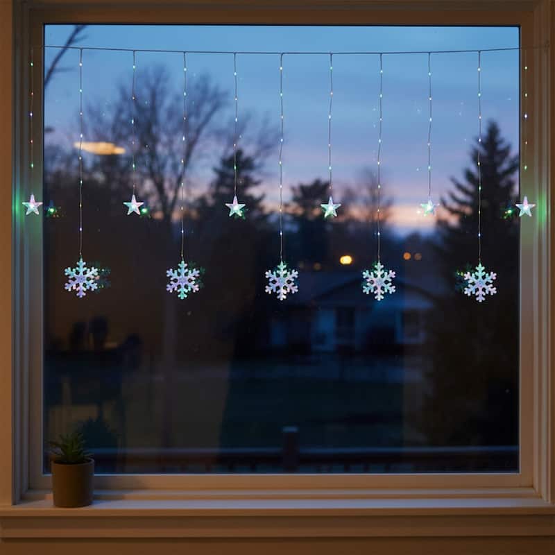 250 Multi LED Star Snowflake Window Curtain Lights 16ft Clear Wire