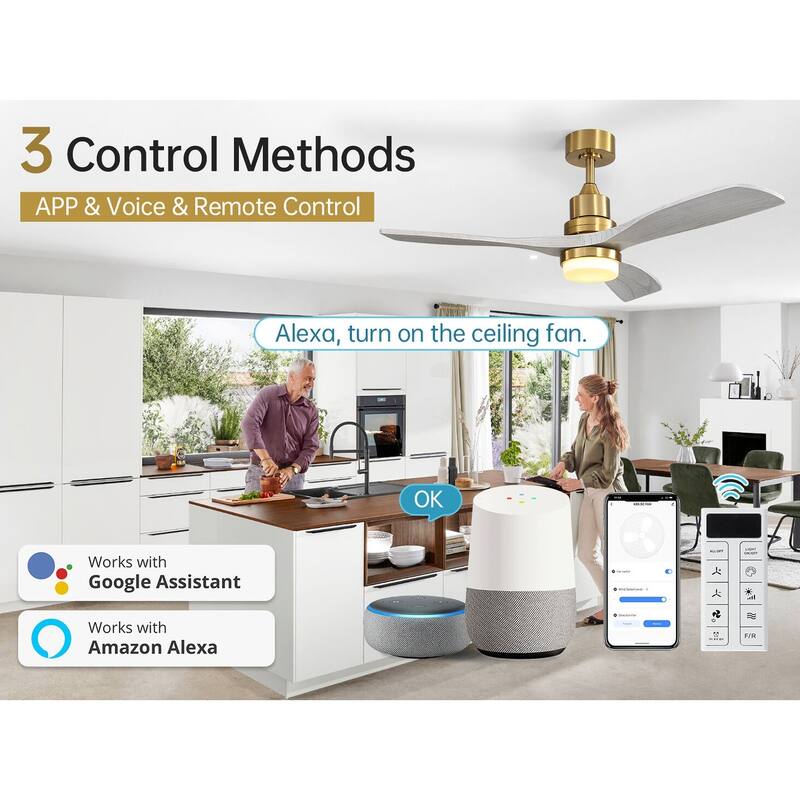 48 Inch Wood Ceiling Fan with Light and Remote/Smart App Control, Dimmable Lights Included