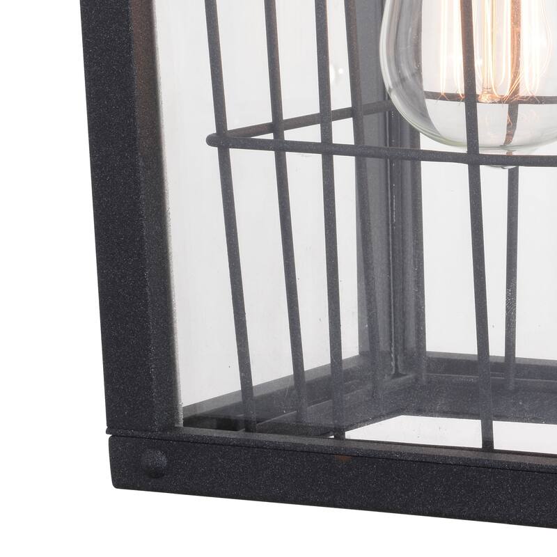 Gage 7-in Black Outdoor Farmhouse Wire Cage Wall Lantern, Dusk to Dawn 1-Light Wall Lamp Sconce with Clear Glass Panels