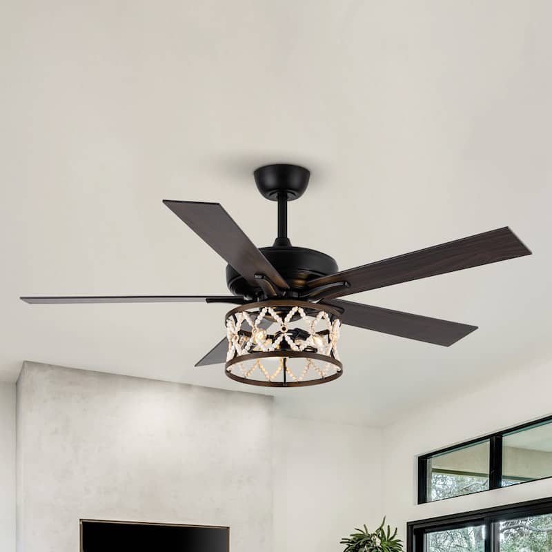 52" Farmhouse Wood Beaded Black Caged Ceiling Fan with Light and Remote