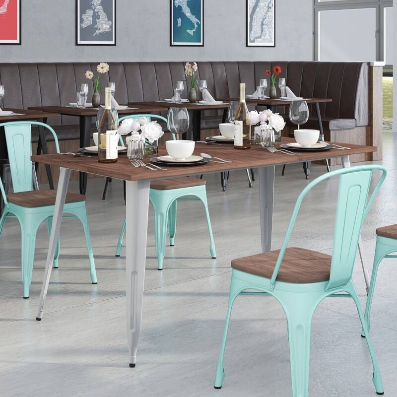 30.25" x 60" Rectangular Metal Indoor Table with Rustic Wood Top - 30.25"W x 60"D x 30.5"H - Silver