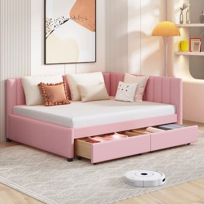 Full Size Upholstered Daybed with 2 Storage Drawers Sofa Bed Frame No Box Spring Needed, Linen Fabric
