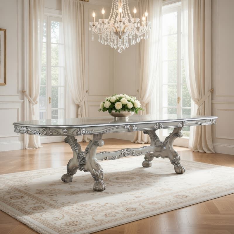 Dining Table with Scrolled Motifs and Claw Feet, Silver
