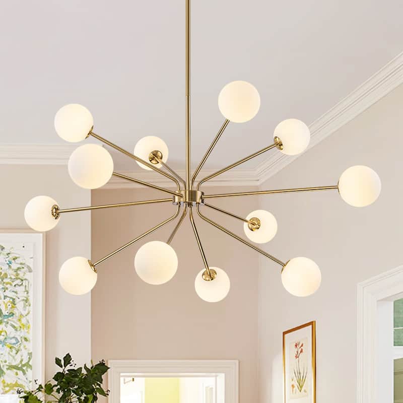 Mid-Century Linear Milky Glass Globe Bubble Sputnik Chandelier