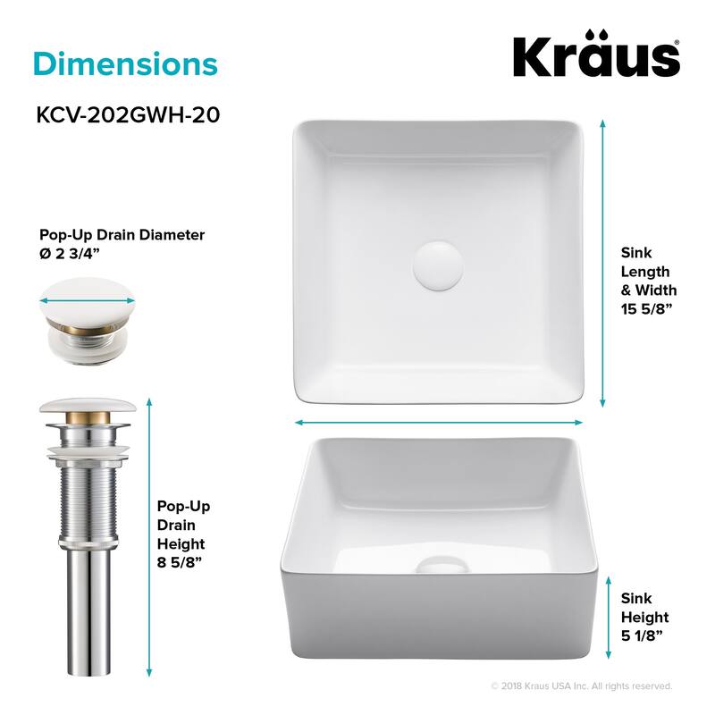 Kraus Viva 15-9/16" Square Vitreous China Vessel Bathroom Sink with