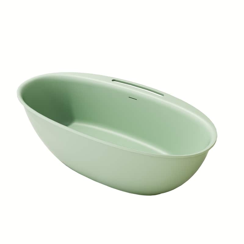 Luxury Flatbottom Solid Surface Freestanding Soaking Bathtub with Discreet Towel Slot and Drain Assembly - Willow Green - 63 in. x 33 in.