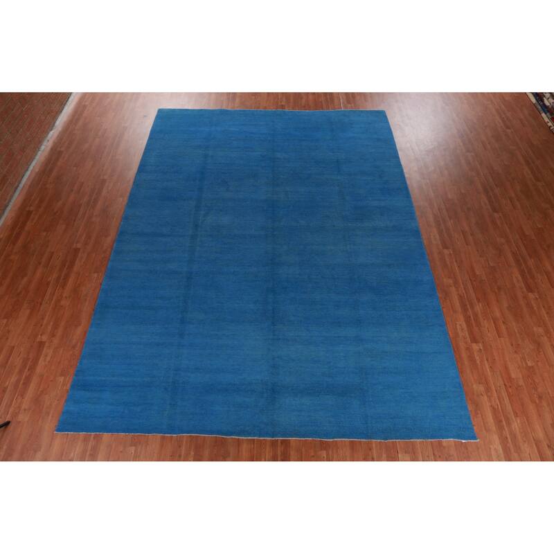 Hand Knotted Oriental 100% Wool Carpet Modern Solid Navy Blue & Blues Gabbeh Area Rug - 13' 4'' X 9' 11''
