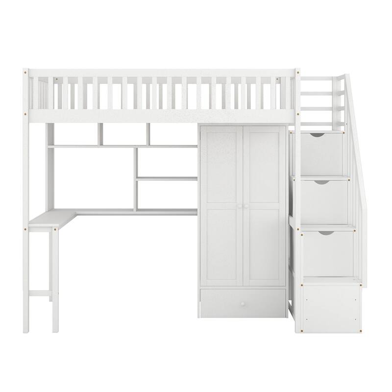 Loft Bed with Bookshelf,Drawers,Desk,and Wardrobe