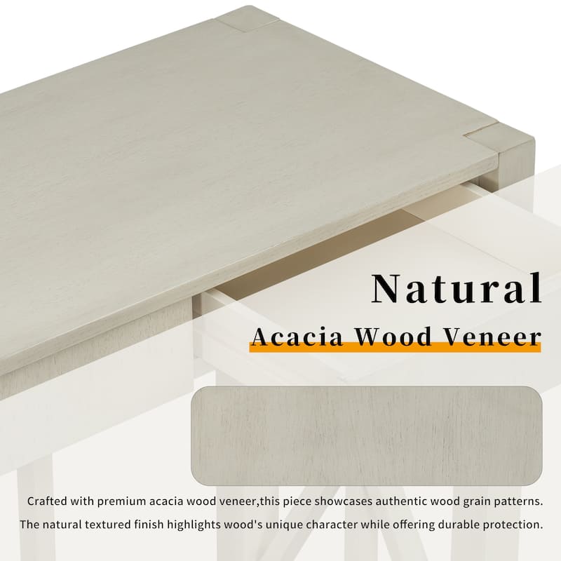 60'' Acacia Veneer Console Table with 4 Drawers and Open Shelf, Farmhouse Entryway Table with Cross Legs