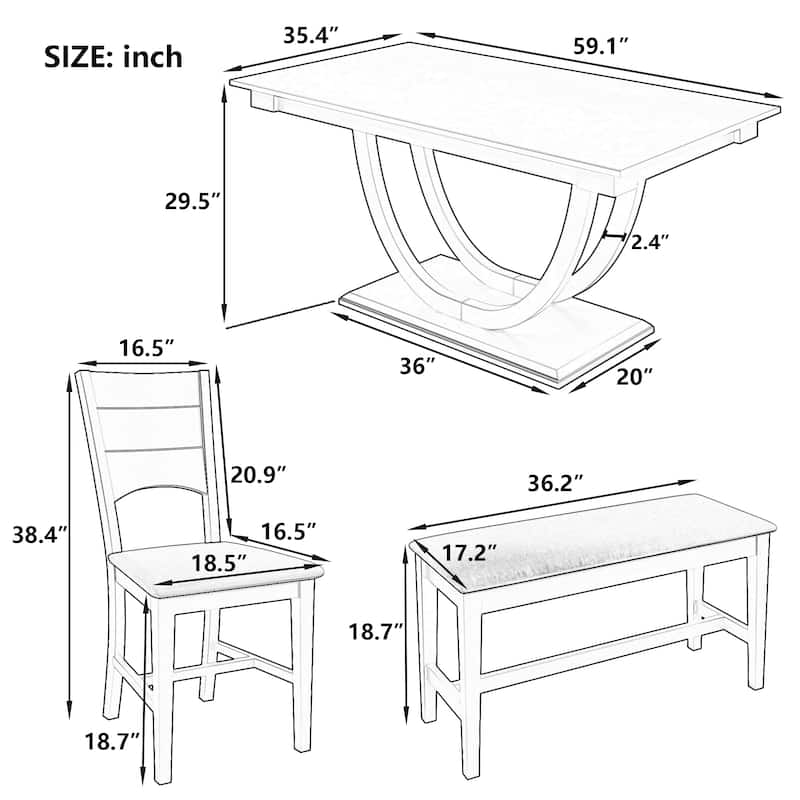 Modern 6-Piece Wood Half Round Dining Table Set Kitchen Table Set with Long Bench and 4 Dining Chairs
