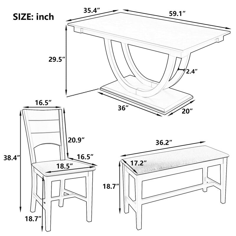 Traditional 6-Piece Wooden Dining Table Set with 4 Upholstered Chairs and Bench