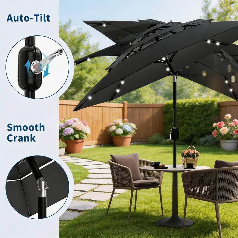 3-Tier Solar Patio Umbrella, with LED Lights and Vents