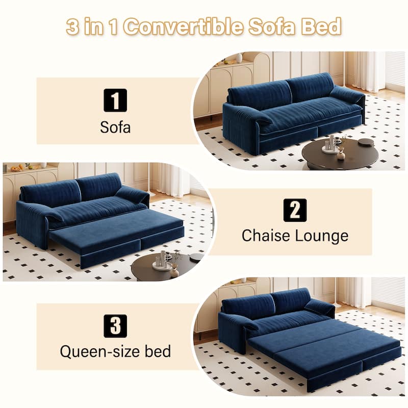 66" Queen Pull Out Sofa Bed,3-in-1 Convertible Sleeper Sofa with Side Storage,Multi-Functional Velvet Loveseat Bed