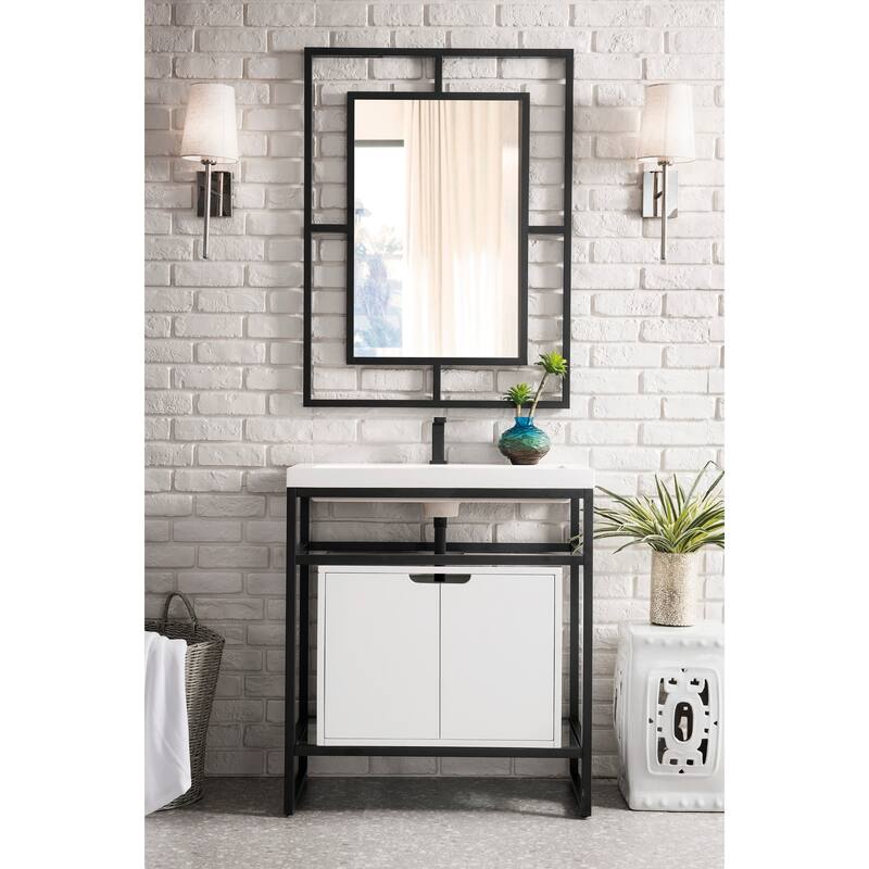 James Martin Vanities Boston 31.5" Stainless Steel Sink Console, Matte Black w/ White Glossy Composite Stone Top