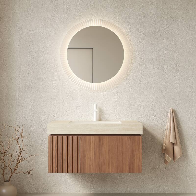 30"/36"/48" Wall-Mounted Bathroom Vanity with Ceramic Sink, Sintered Stone Countertop Floating Bathroom Storage Cabinet - Beige,Brown Oak - 36 Inch