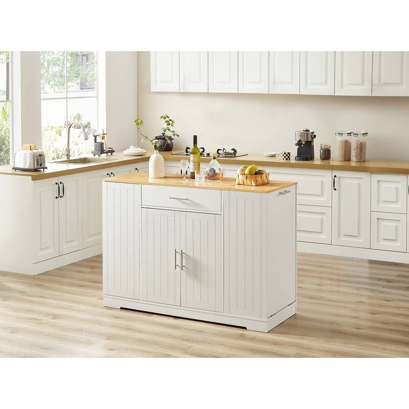 Modern Farmhouse Kitchen Island with Trash Can, 1 Drawer, 1 Barn Door Spice Rack and Adjustable Shelves, for Kitchen