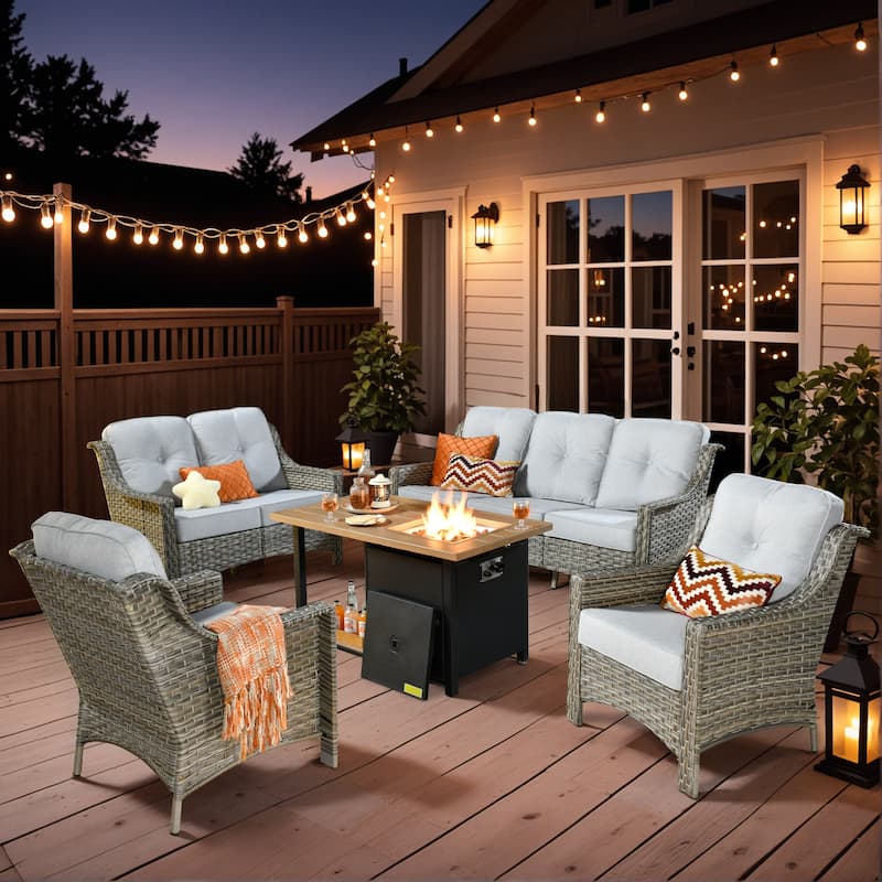 XIZZI 5-Piece Patio Wicker Furniture Conversation Set with Firepit