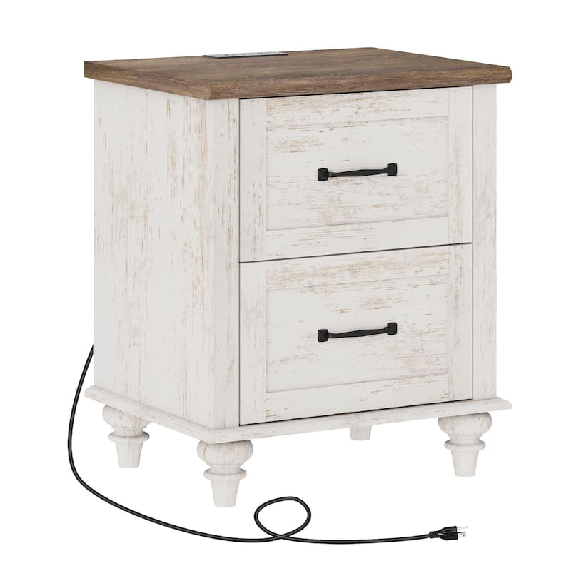 Farmhouse End Table Nightstands with Charging Station & Drawer - 1 Piece - with drawer - Antique White