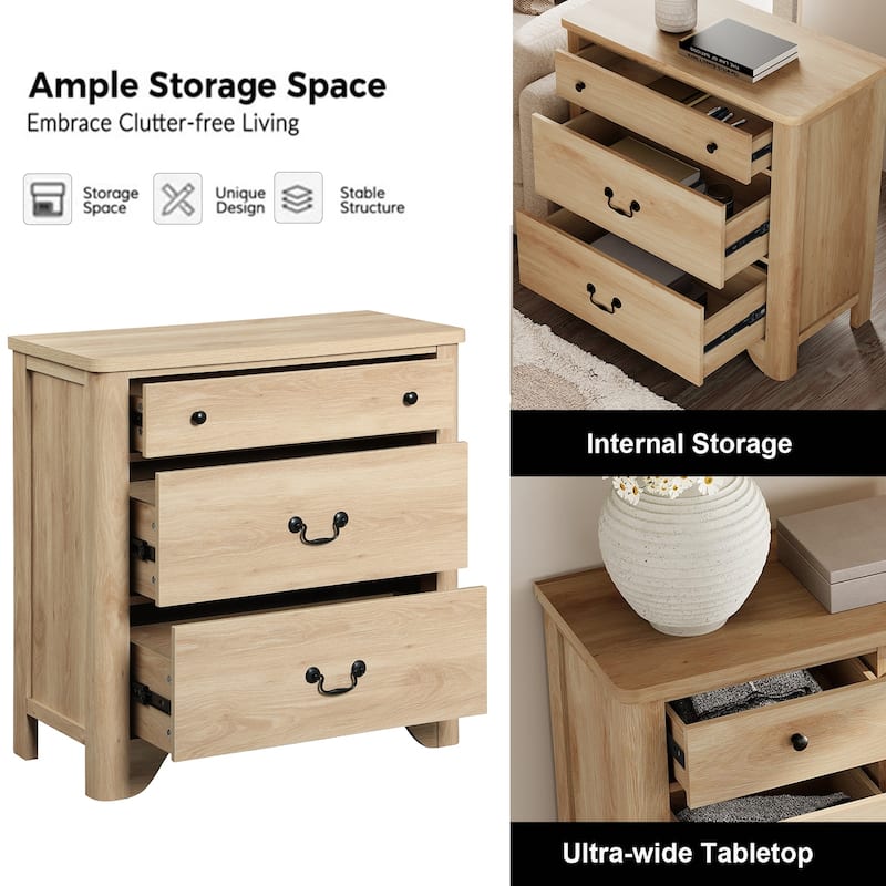 WAMPAT Large Farmhouse Nightstand with 3 Drawers,Wooden End Table