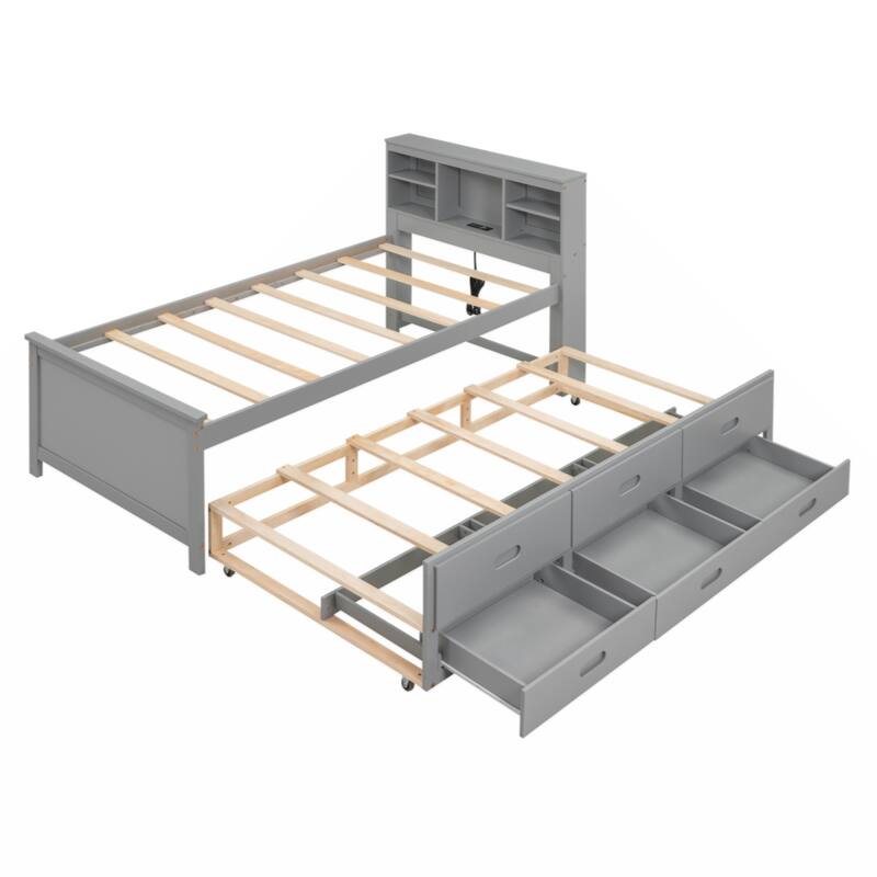 Twin Size Platform Bed with Storage Headboard, USB, Twin Size Trundle and 3 Drawers