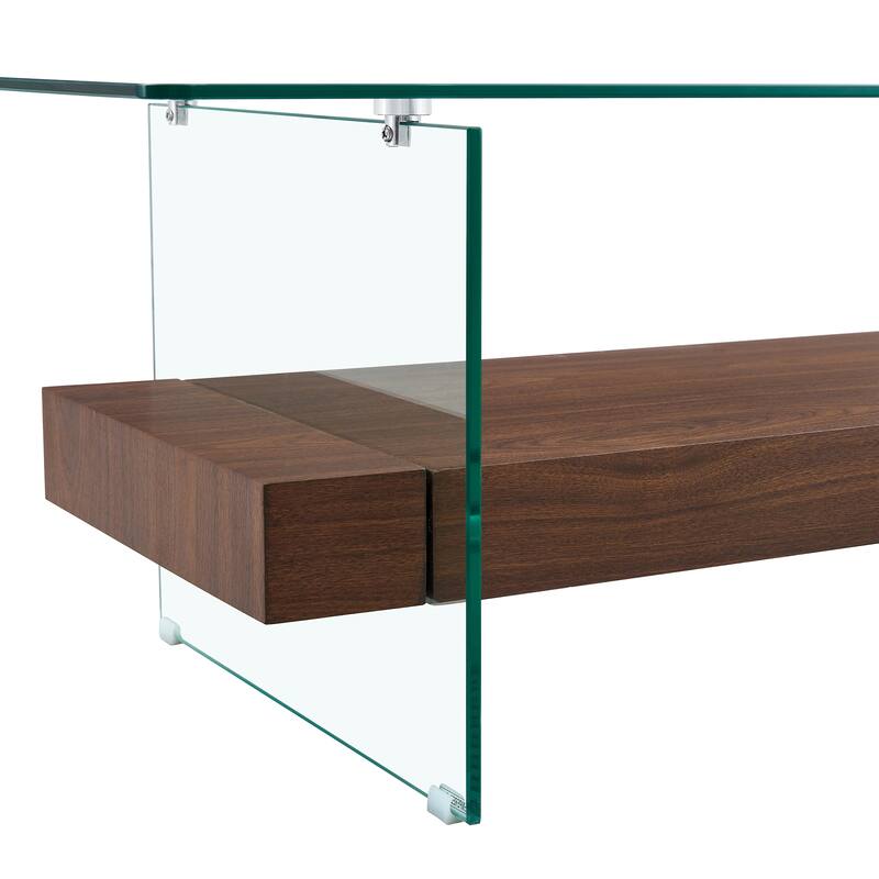 Roomfitters 43.3" Two-Tier Glass Coffee Table with Light Wood Shelf, Side Table or Display Stand
