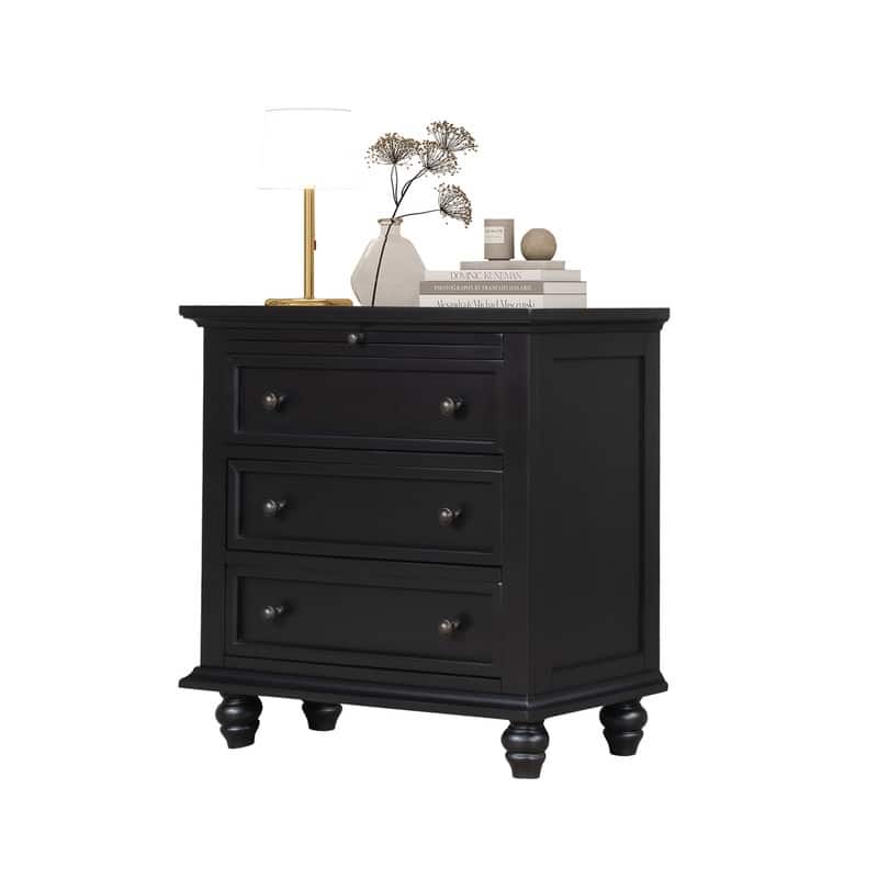 Farmhouse 3-Drawers Wood Nightstands with Pull Out Tray and Solid Wood Legs