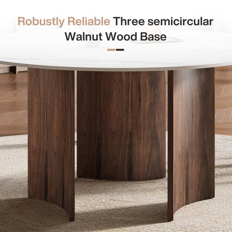 59-Inch Round Dining Table with Stone Top Solid Wood Base - White and Brown