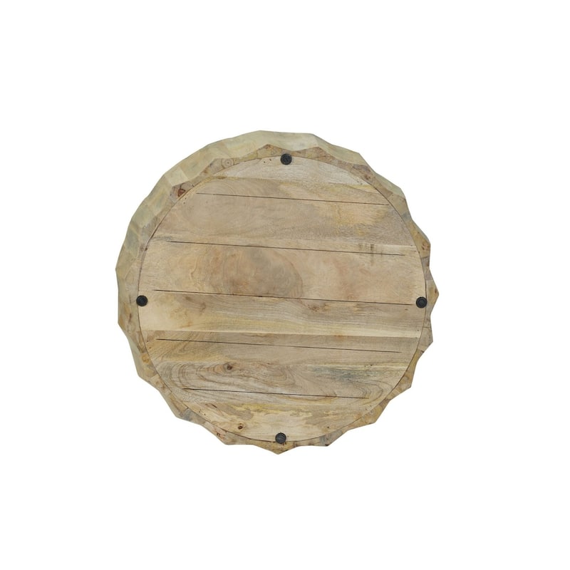 Facet 30" Diamond Carved Round Mango Wood Coffee Table - Elegant Cylindrical Base, Walnut Finish Accent Table