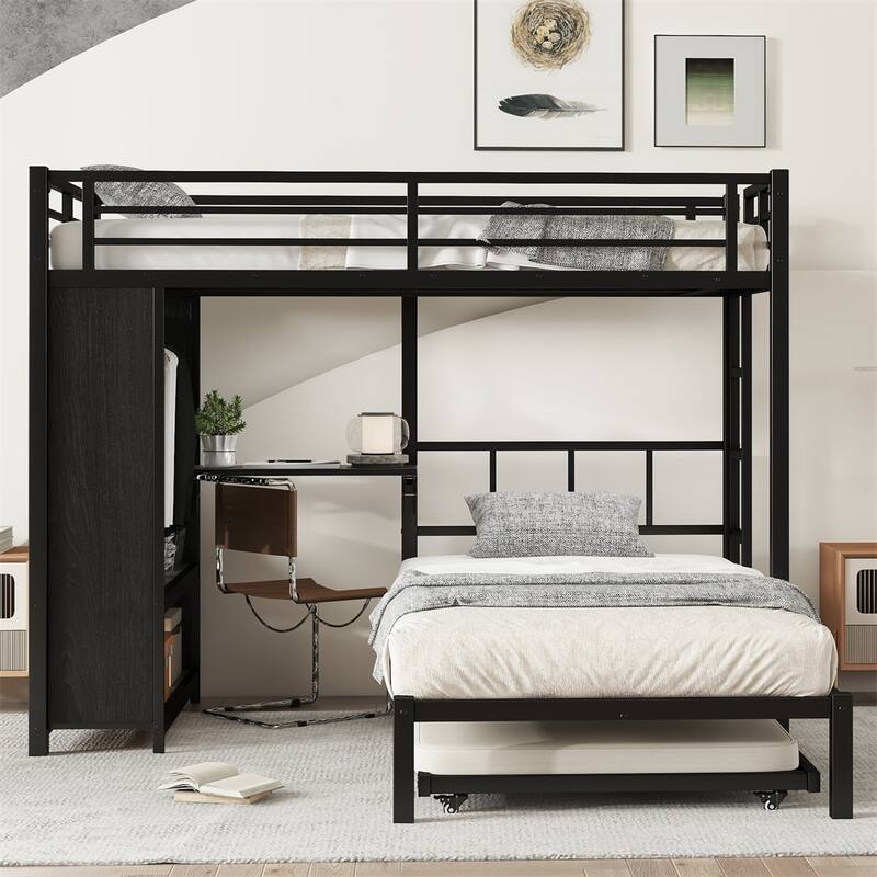 Twin Over Twin Bunk Bed w/Built-in Wardrobe,Metal Bunk Bed w/Trundle