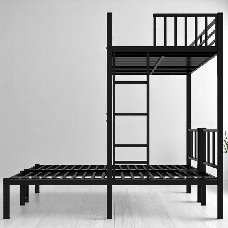 Triple Bunk Bed,Metal Twin Over Twin & Twin Beds with Ladder, Guardrails, Shelf & Table, Convertible L-Shaped Design