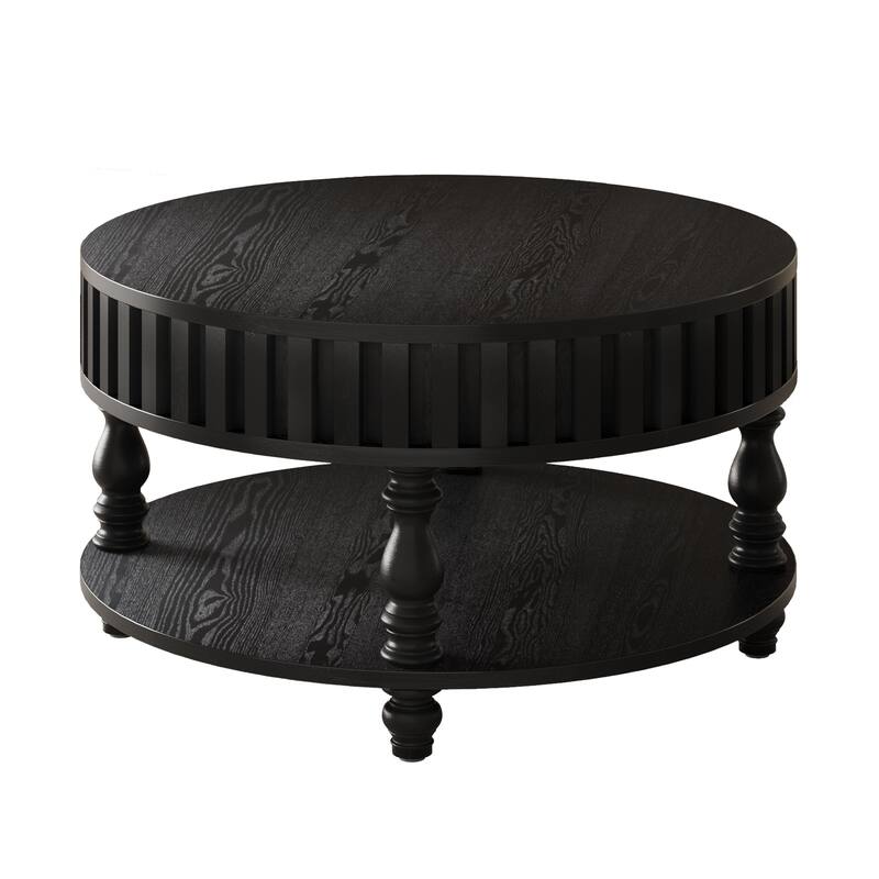 31.5" Farmhouse Round Fluted Coffee Table with Flip-Top Lids and Spacious Hidden Storage