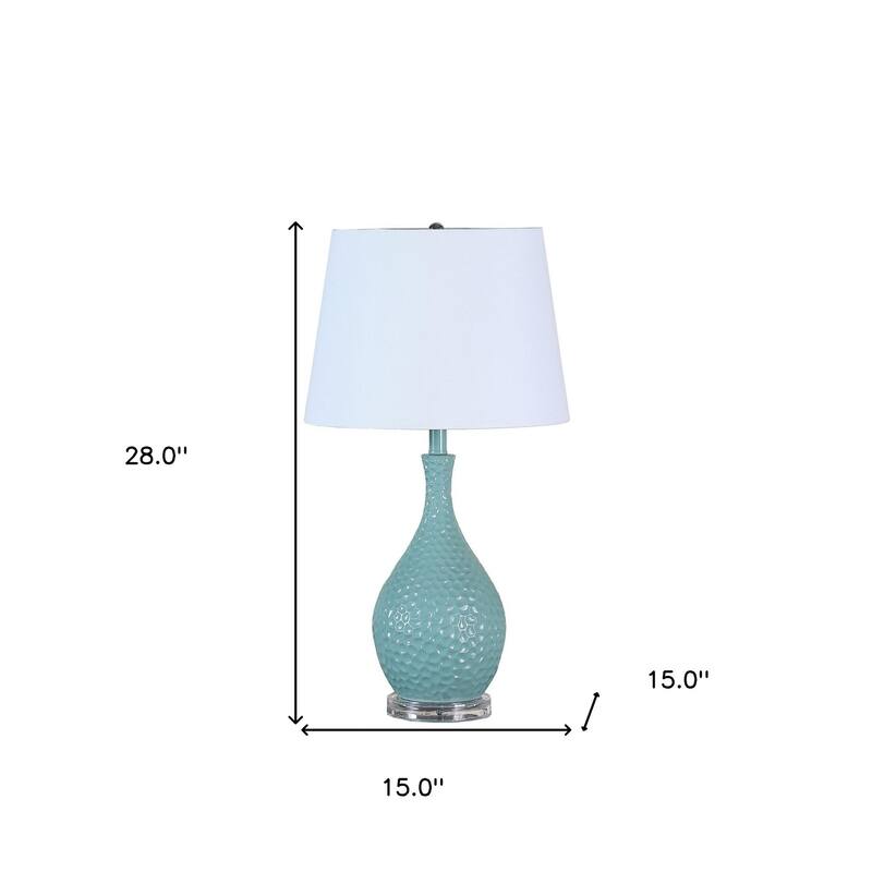 HomeRoots Aqua Hammered Urn Table Lamp With White Tapered Drum Shade - 15 x 15 x 28