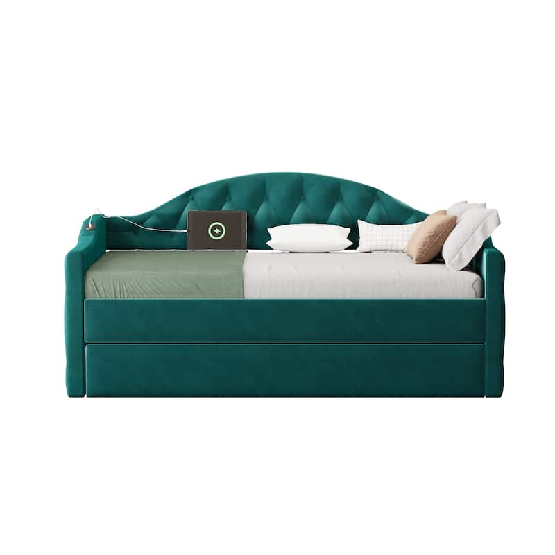 Tufted Upholstered Frame Daybed Velvet Sofa Bed with USB and Type-C Charging Ports, Twin Platform Low Profile Bed with Trundle