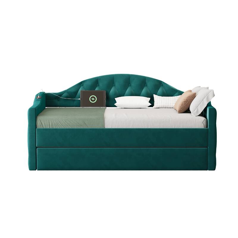 Upholstered Daybed with Trundle ,with USB&Type-C Charging Ports