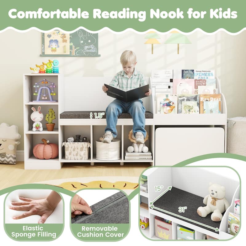 White 3-Tier Adjustable Kids Bookshelf Toy Organizer with Reading Nook and 6 Storage Cubes - 67" x 16" x 32"